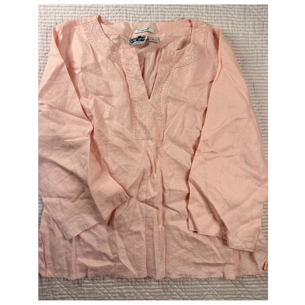 Edward 100% Irish Linen Pink Beaded‎ Embroidered Split Neck Tunic Top XL Resprt